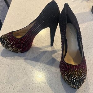 Gianni Bini Black, Red & Gold Rhinestone Heels
